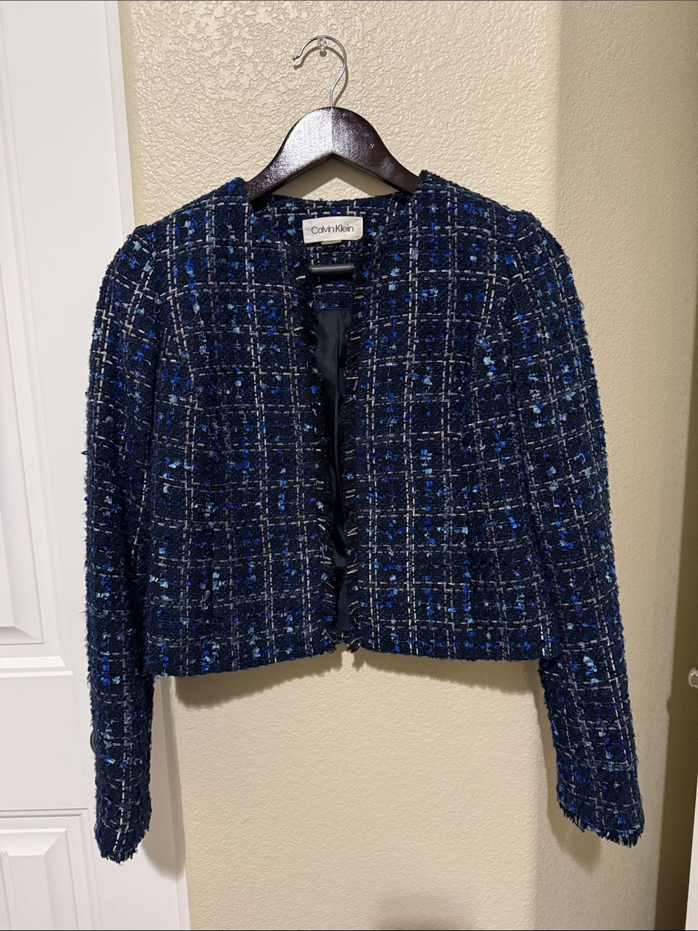 Calvin Klein Navy & Black Tweed Collarless Cropped Blazer